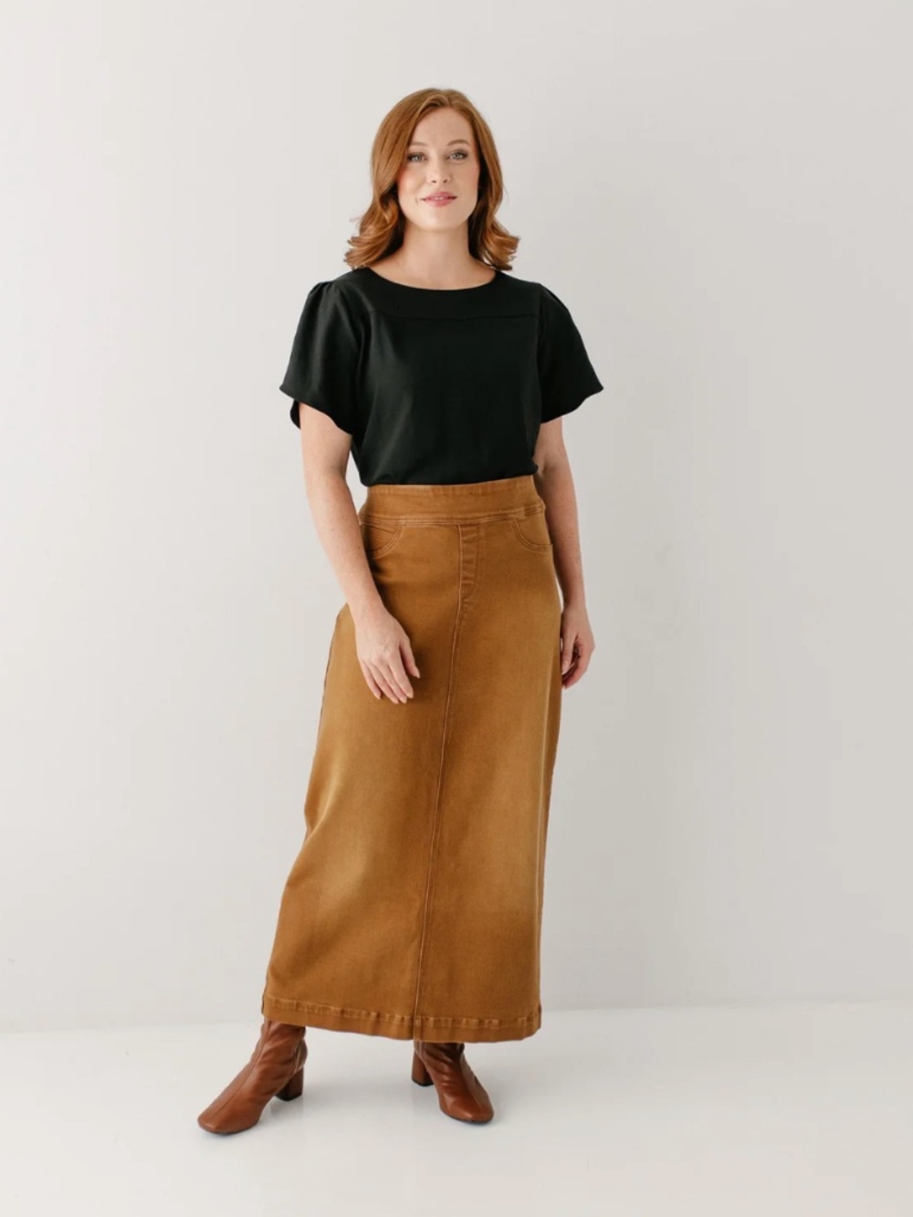 Main Street Exchange Sara Long Stretch Denim Skirt in Camel